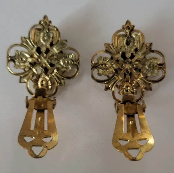 Vintage Mid Century Czech Filigree & Blue Glass Brooch & Earring Set